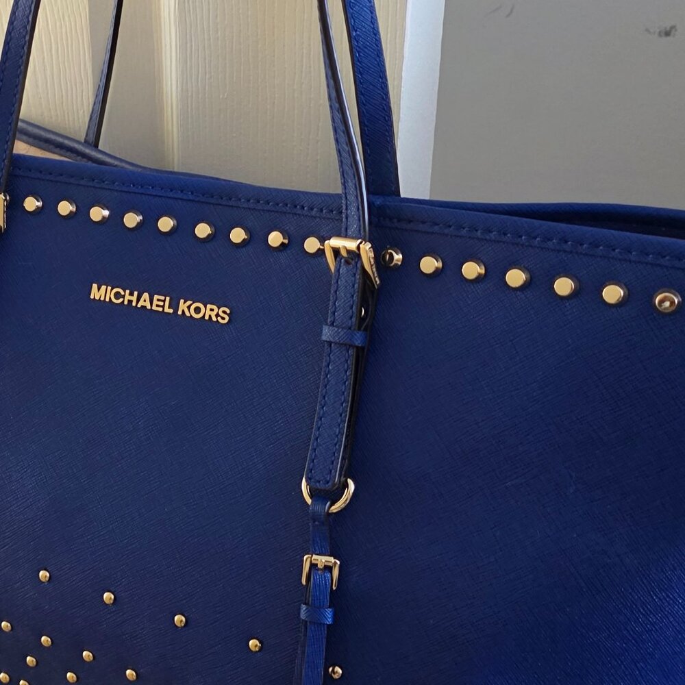 Michael Kors Large Jet Set Studded Tote Bag - Blue with Gold Harware Studs